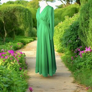 Vintage 1970s Mike Benet Formals Gown Fairy Green Chiffon Sheer Sleeve 14